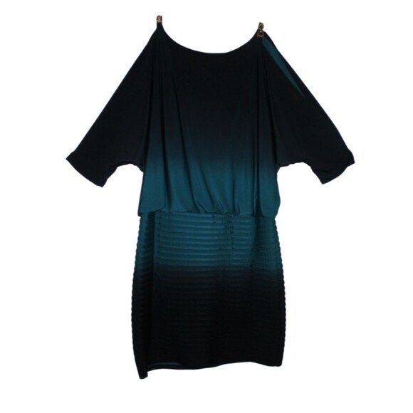 Xscape Cold Shoulder Cocktail Dress Goldtone Shoulder Straps Black Cyan Sz 8 EUC - Picture 2 of 6